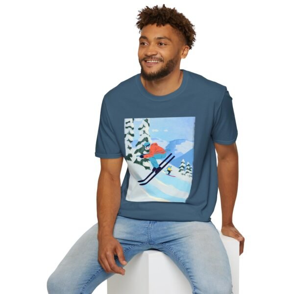 Unisex Soft-Style T-Shirt with Skiing in the Mountains Graphic – 100% Cotton, Comfortable & Durable - Image 3