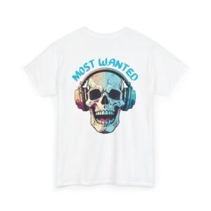 Unisex Heavy Cotton Tee with Colorful Skull Most Wanted Back Design