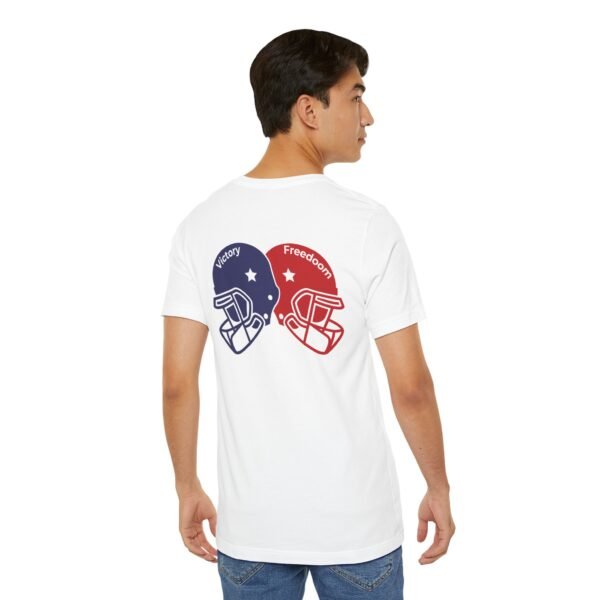 Unisex Jersey Short Sleeve Tee – Bold Dual Helmet Design | Victory & Freedom on the Back - Image 4