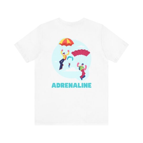 Unisex Jersey Short Sleeve Tee with Skydiver Graphic and "Adrenaline" Back Print – Stylish & Comfortable