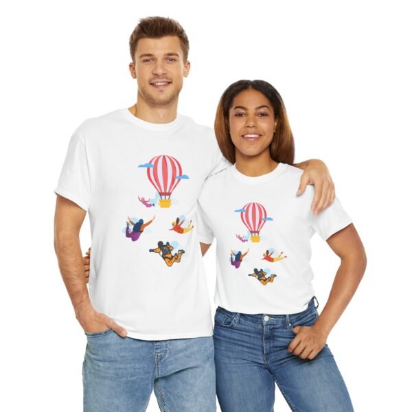 Unisex Heavy Cotton Tee – Skydiver & Hot Air Balloon Graphic | Bold Adventure-Inspired T-Shirt