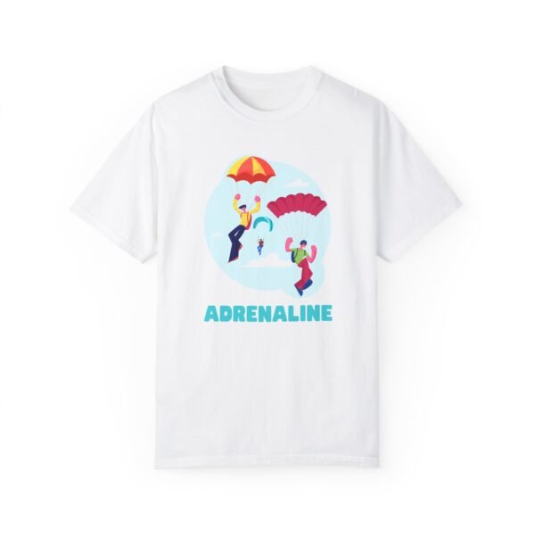 Unisex Garment-Dyed T-Shirt with Skydiver Graphic and "Adrenaline" Front Print – Bold & Comfortable